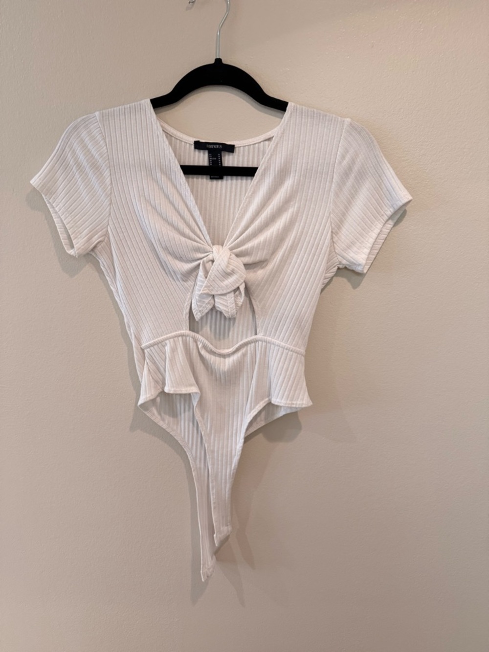 Forever 21 White Ribbed Tie-Front Bodysuit